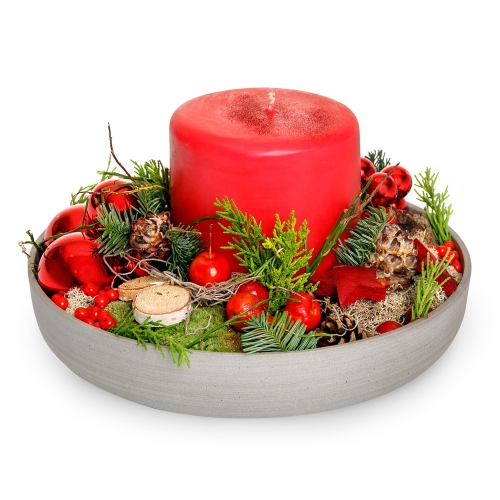 Christmas platter with red baubles and big candle