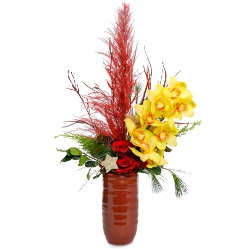 Christmas vase with pampas, roses and orchids