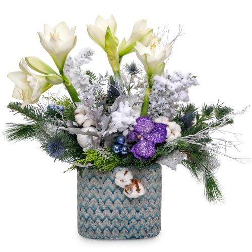 Winter flower arrangement with amaryllis, fir and orchids