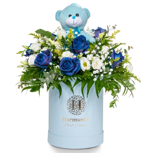 Blue birth box for baby boy with roses and teddy bear