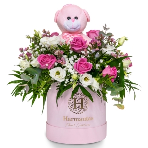 Ροζ κουτί γέννησης για κοριτσάκι με τριαντάφυλλα και αρκουδάκι