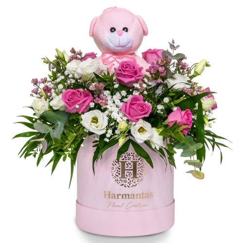Ροζ κουτί γέννησης για κοριτσάκι με τριαντάφυλλα και αρκουδάκι
