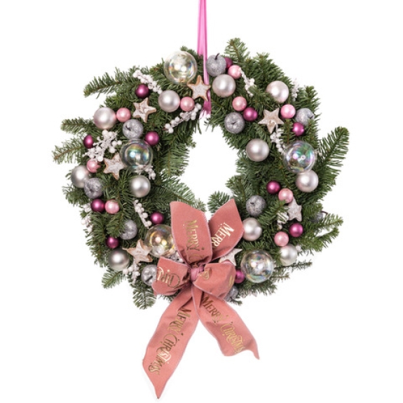 Χριστουγεννιάτικο στεφάνι με ροζ στολίδια και εντυπωσιακό φιόγκο