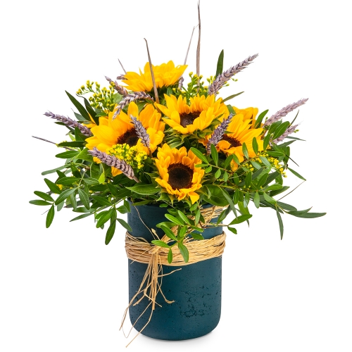 Bouquet of suns and sheaves in a blue clay vase