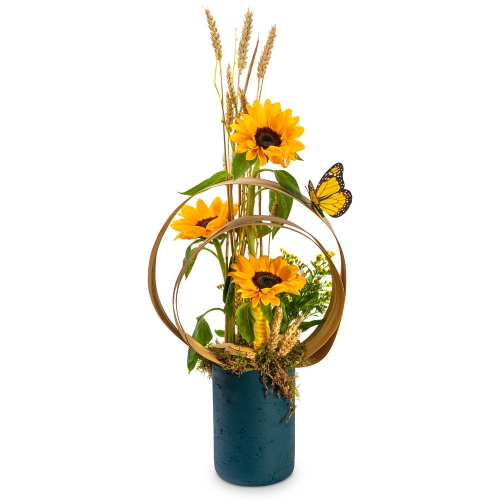 Flower arrangement with suns and sheaves in vase colors