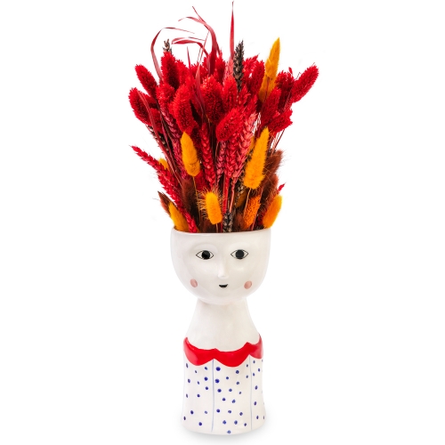 White vase face with dried flowers