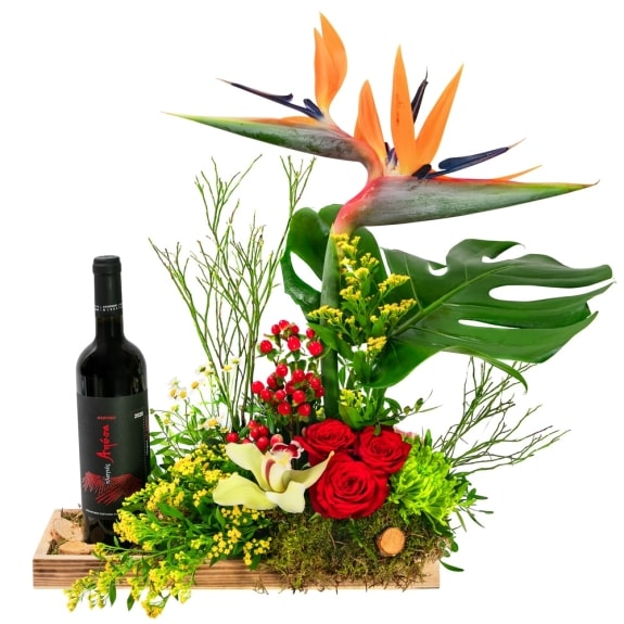 Flower arrangement with wine
