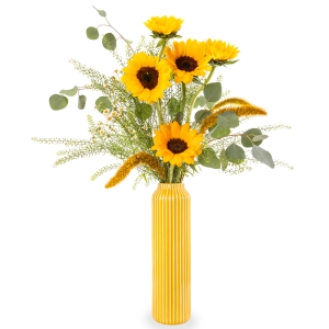 Yellow striped vase with sunflowers