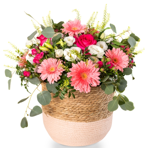 Large basket with pink gerberas, lisianthus and roses