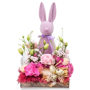 Easter flower arrangement with pink bunny