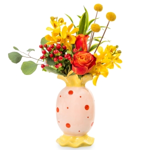 Pink-orange candy vase with orchids and roses