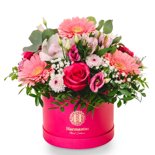 Beautiful arrangement in a fuchia box 