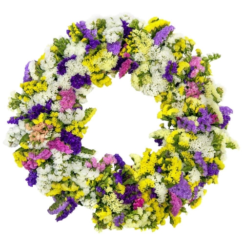 First of may wreath with colourful helichrysum
