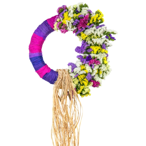 First of may wreath with colourful helichrysum and wicker tail