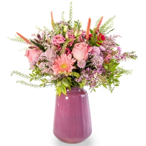 Pink bouquet into a pink milky vase