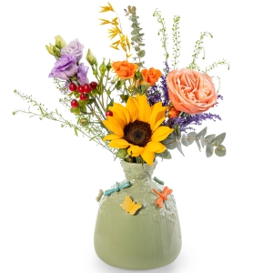 Menta vase with butterflies and a spring floral arrangement