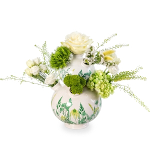 White round vase with nature patterns and white flowers