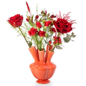 Coral dutch vase with red roses