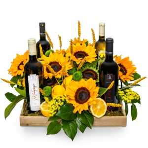 Sunflowers arrangement with 4 wines
