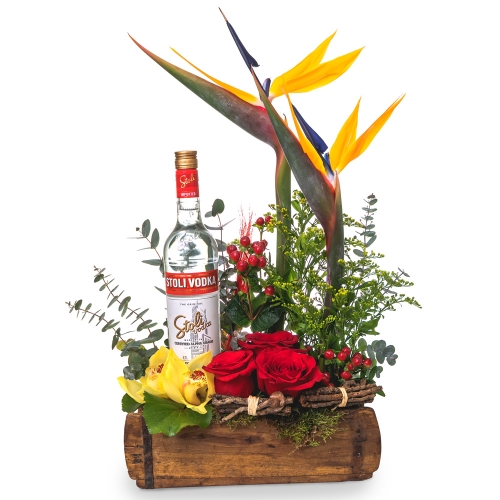 Floral arrangement with sterlitzias with Stoli Vodka