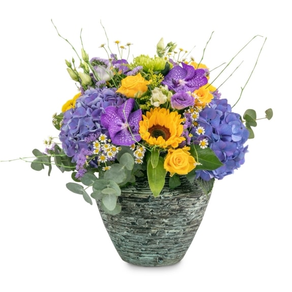 Bouquet with hydrangea, orchids and sunflowers