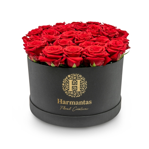 Κόκκινα τριαντάφυλλα σε μεγάλο μαύρο κουτί