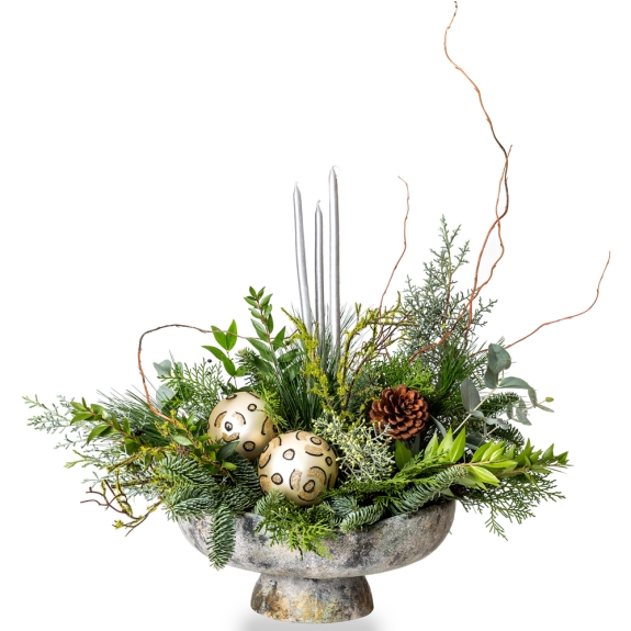 Χριστουγεννιάτικη ανθοσύνθεση με minimal γιορτινή αισθητική σε γκρι χρυσό