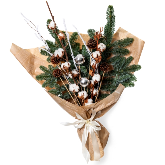 Χριστουγεννιάτικη ανθοδέσμη με έλατο και βαμβάκια