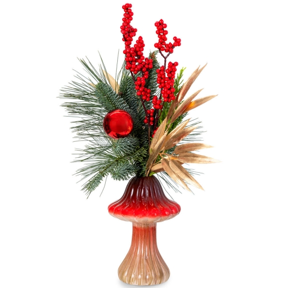 Βάζο μανητάρι με ίλεξ, έλατο, κόκκινες και χρυσές λεπτομέριες